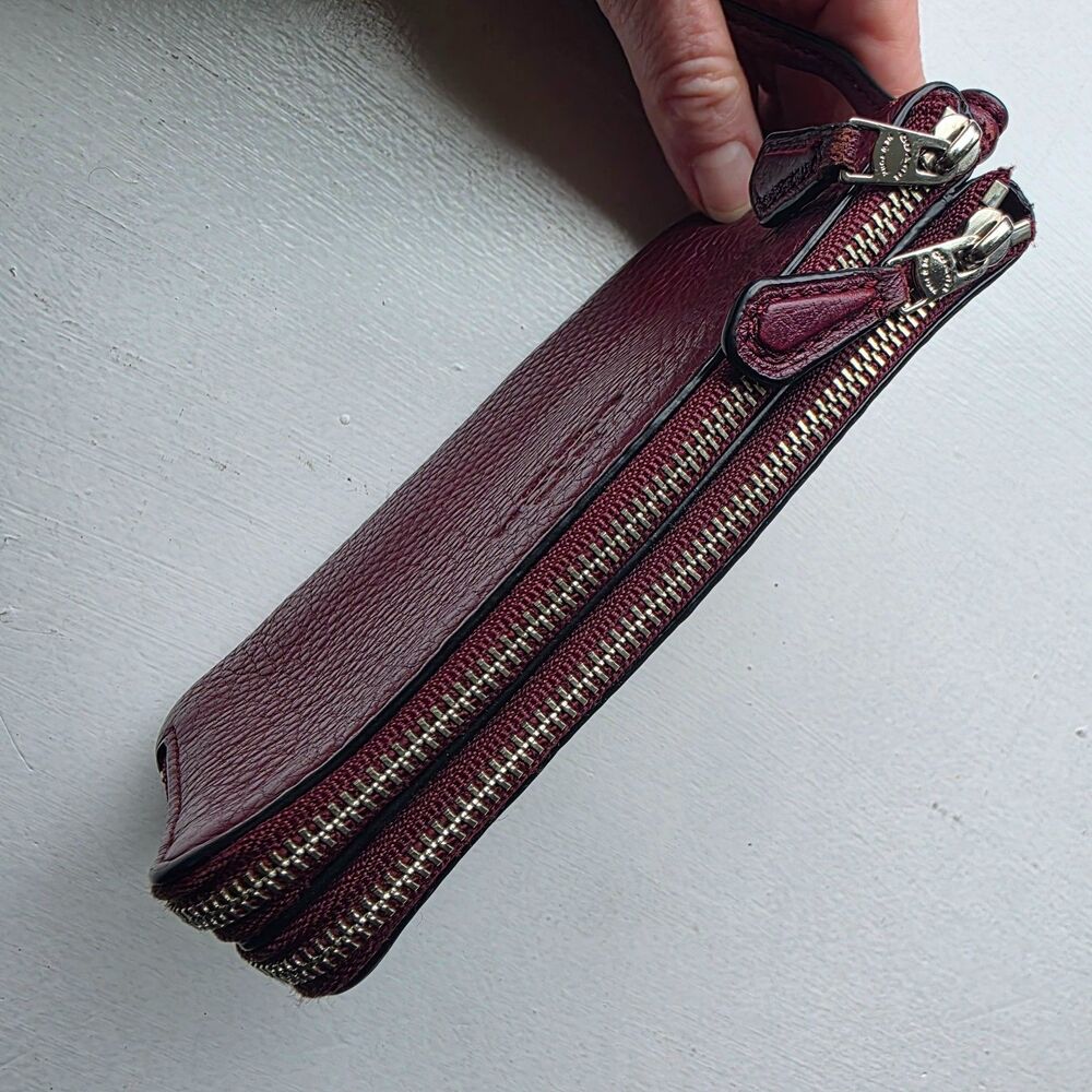 Coach Wristlet Wallet Double Corner Zip Maroon Red Leather Pouch Card Slots - Picture 5 of 11